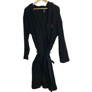 Polo Ralph Lauren Waffle Knit Hooded Robe Size S/M Black Red Pony Thermal